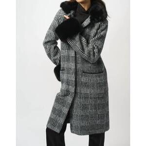 NEW JOSEPH RIBKOFF plaid print faux fur coat in black/white